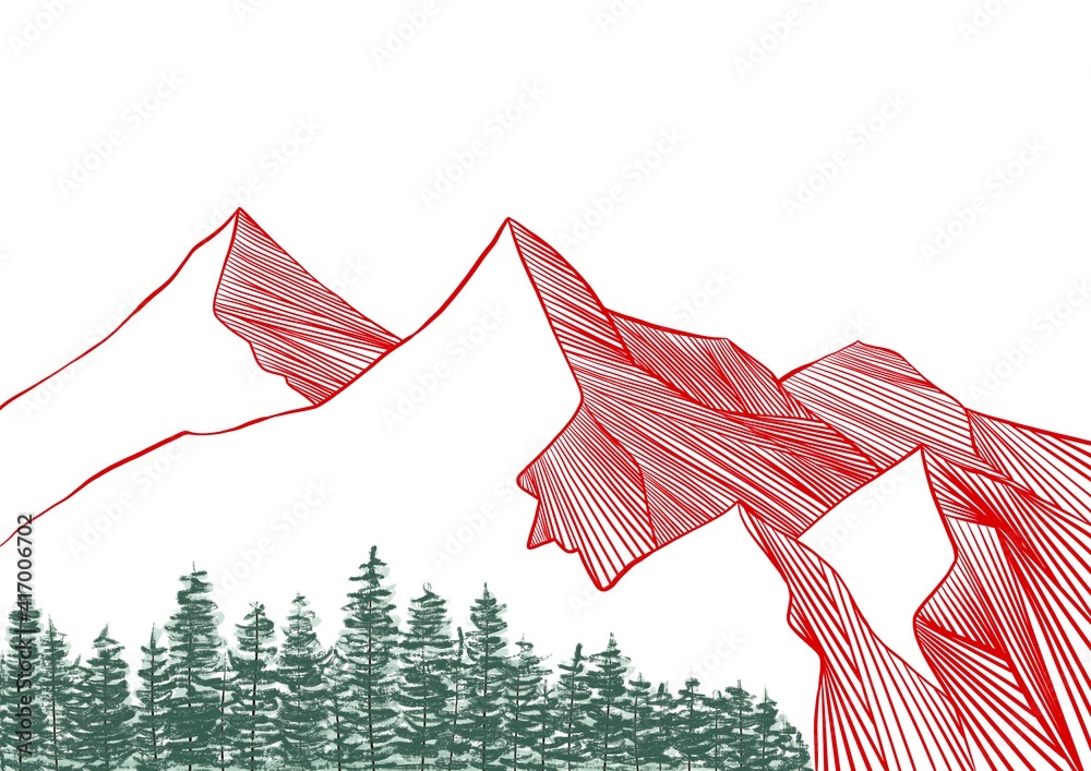 Red mountains and pine trees lineart Stock Illustration | Adobe Stock