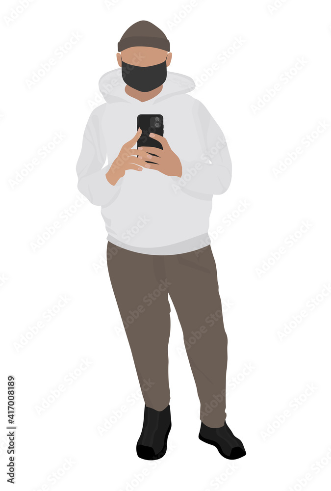 Guy in a mask and social distance. Young man dressed in stylish clothes with smartphone - taking selfie photo. Male cartoon character isolated on white background. Vector.