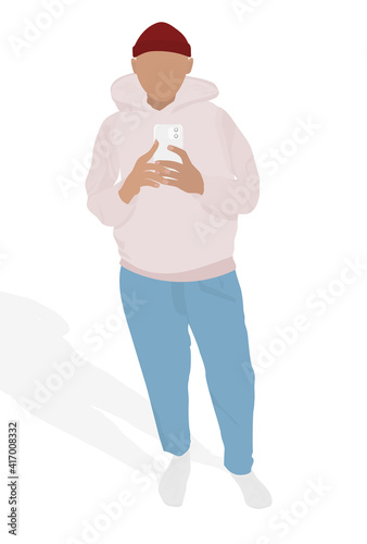 The guy takes a selfie in the mirror, casual style. Addiction on the smartphone and the Internet. Social networks. Vector Flat Illustration