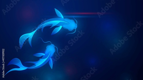 Two blue glowing koi fish on a dark background