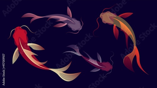Illustration with stylized koi fishes on a dark background