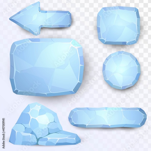 Set of square and round buttons and an arrow made from ice