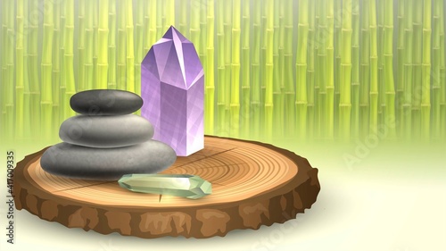 Illustration with magic crystals and a pyramid of stones on a wooden tray