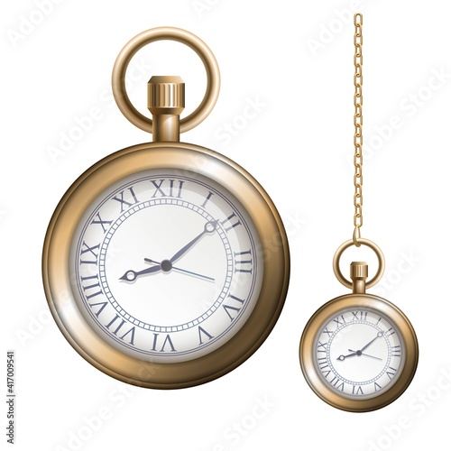 Pocket gold vintage watch with chain on white background