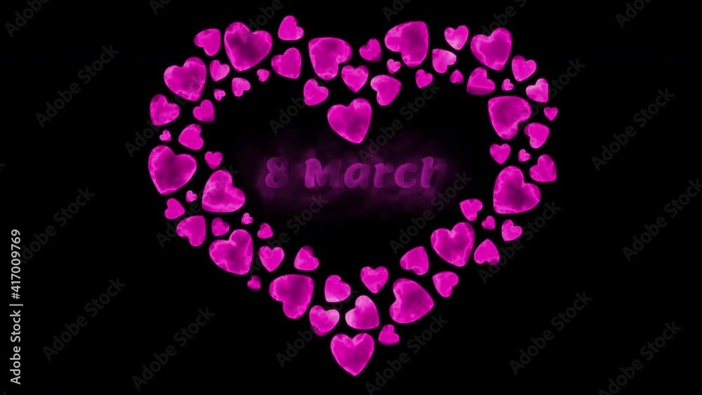 Happy women's day.Animation of many hearts forming one big pink heart.The text women's day in the center of the heart.8 march. Happy women's day.Animation of many hearts forming one big pink heart.The text women's day in the center of the heart.8 march.