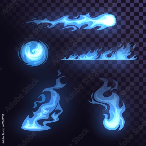Set of blue fire elements: fireballs and flames