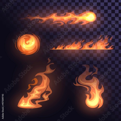 Set of fire elements: fireballs and flames