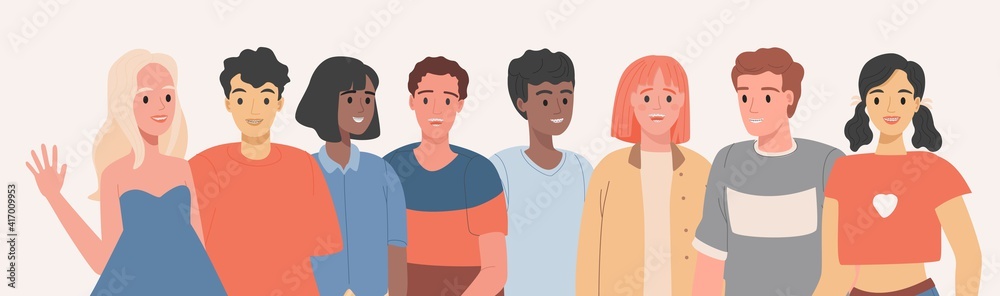 People of different ethnicity wearing braces vector flat illustration. Group of men and women smiling with dental braces on teeth. Cosmetic odontology, teeth straightening, and orthodontic procedures.