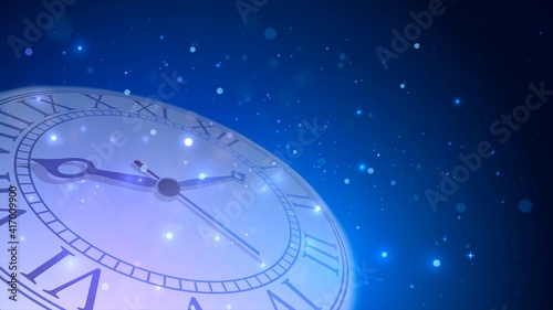 Big clock in the dark or space and blue sparks