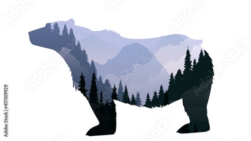 Bear silhouette with fir forest and mountains, nature symbol