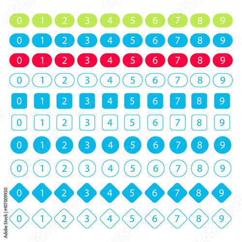 Large set of multicolored notification icons with numbers. Easily editable vector. 