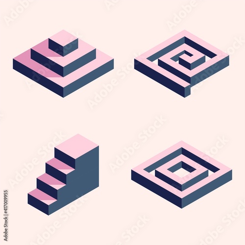 Set of isometric simple shapes: pyramid, spiral, ladder and square