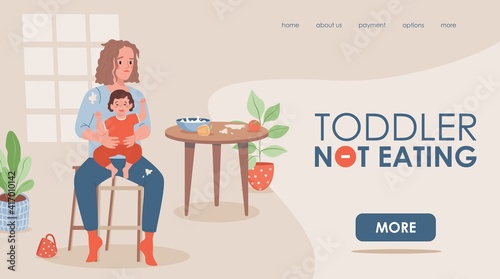 Toddler not eating vector flat landing page template with text space. Upset and tired mother sitting in the kitchen and trying to feed her newborn baby. Motherhood, parenting website concept.