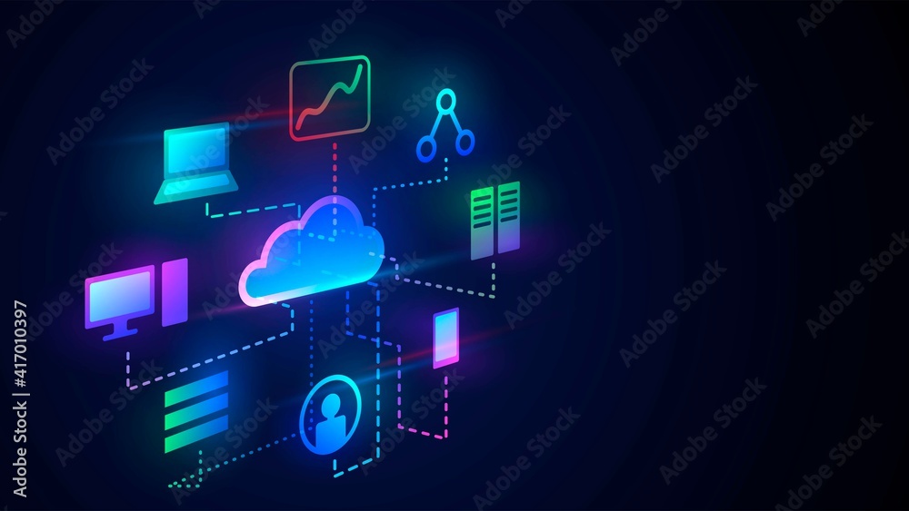 Cloud technology illustration, digital cloud with different functions