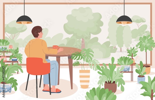 Man in restaurant or cafe vector flat illustration. Male character enjoying summer park view and drinking cup of tea or coffee. Restaurant interior design with domestic flowers and plants in pots.