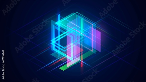 Dark background with blue isometric glowing cube