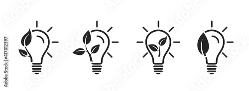 eco energy icon set. light bulb and leaf. environment, ecology, eco friendly and sustainable energy symbols