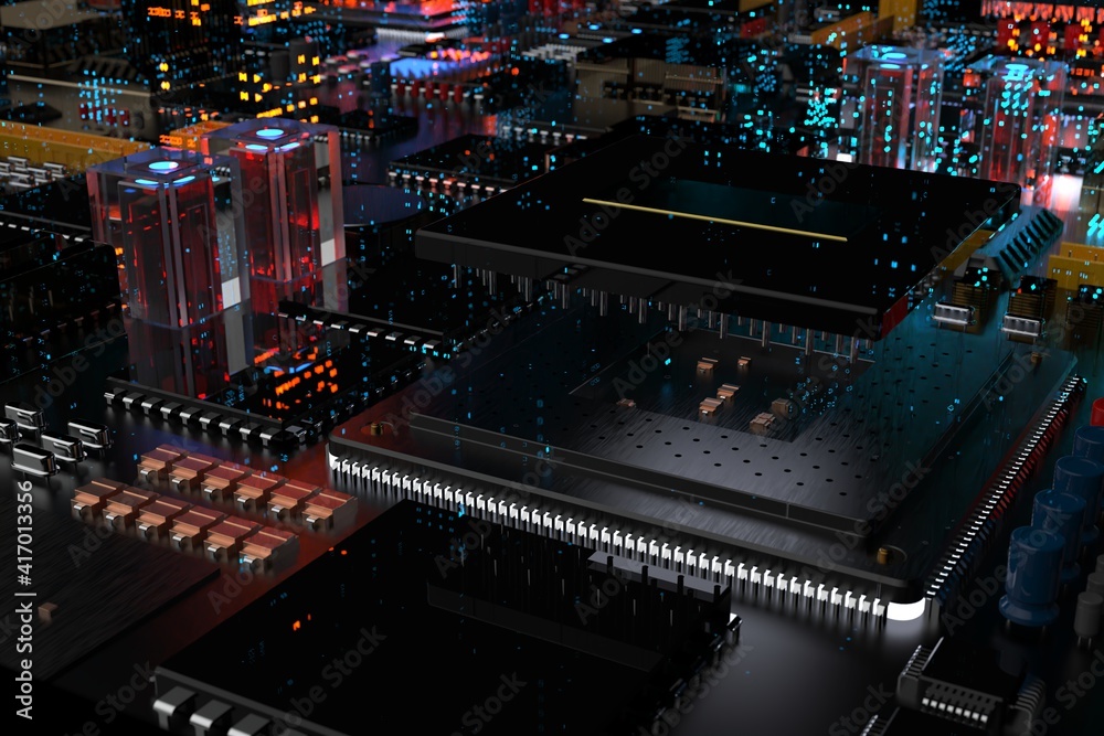 A processor chip on a motherboard is a printed circuit board with microchips, processors and other computer parts in the abstraction of the city of the future. 3d render