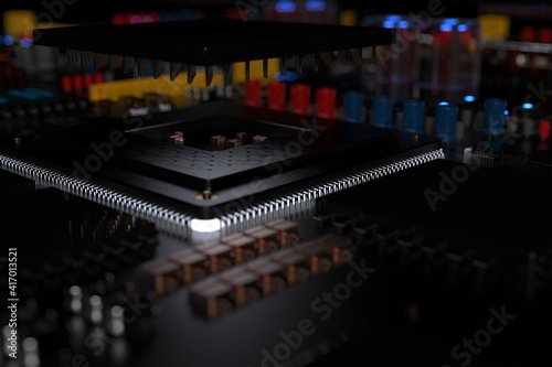 printed circuit board with microchips, processors and other computer parts on a dark background. 3d render © evgeniy