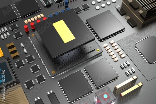 printed circuit board with microchips, processors and other computer parts. 3D render on the topic of technology and large computing power