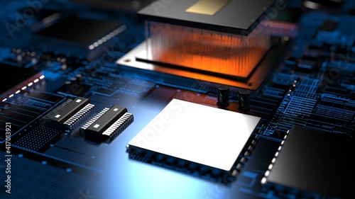 processor chip on a printed circuit board in red backlight. 3d illustration on the topic of technology and the power of artificial intelligence.