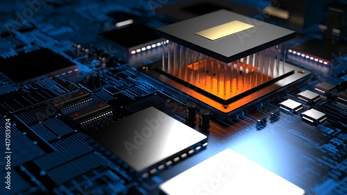 processor chip on a printed circuit board in red backlight. 3d illustration on the topic of technology and the power of artificial intelligence.