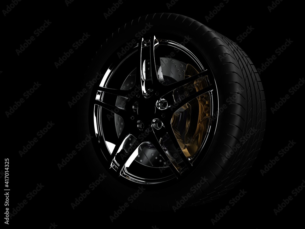 car service concept. wheel on a dark background 3d render