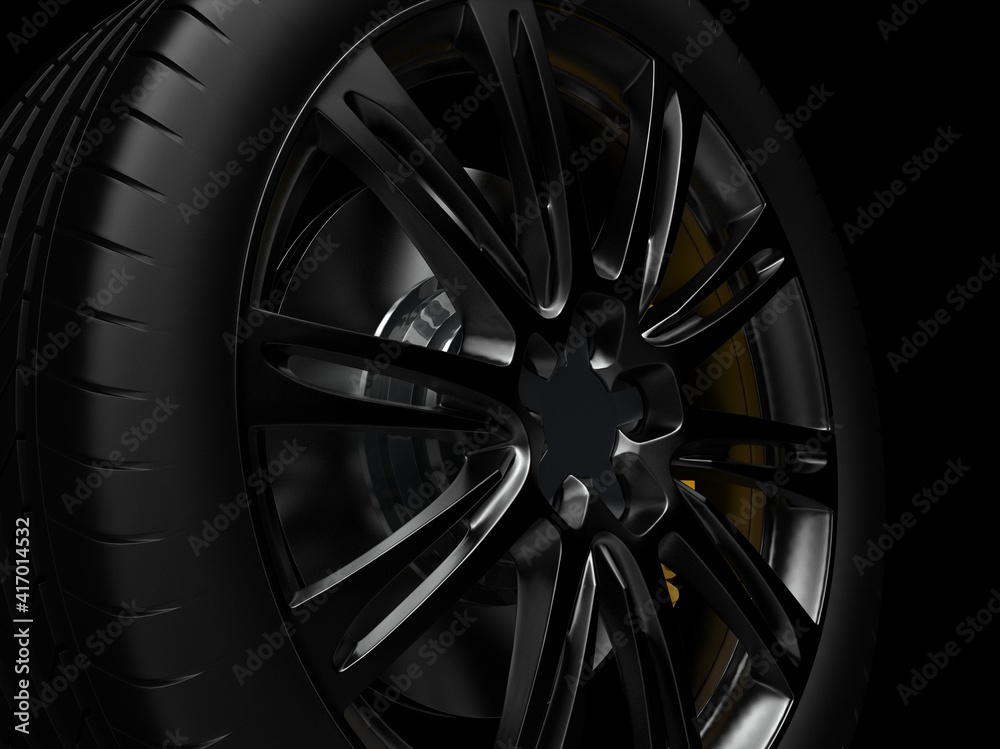 auto wheel with chrome disks on a dark background. 3d render