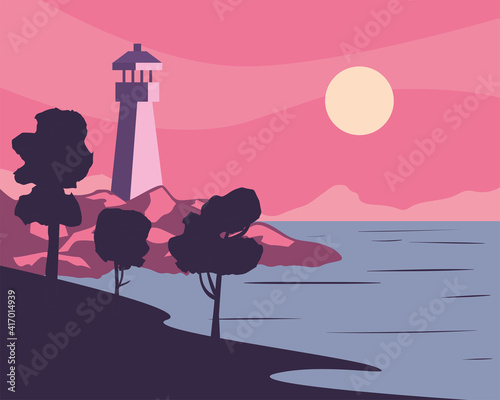 landscape of lighthouse on beach at sunset vector design