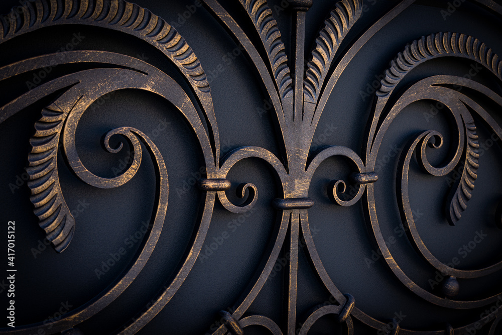 Exquisite wrought iron elements of the metal gate of a private house