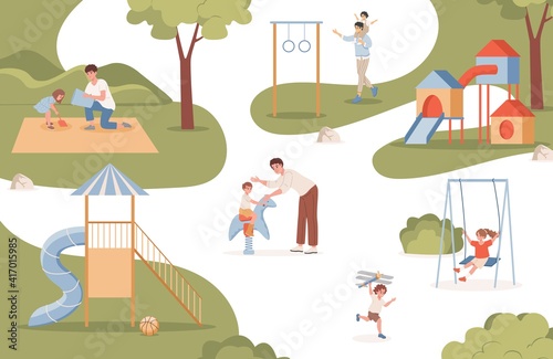 Fototapeta Naklejka Na Ścianę i Meble -  Men walking and playing with their children outdoor at urban park vector flat illustration. Happy kids playing with dads at playground, riding on seesaw. Childhood and parenting concept.