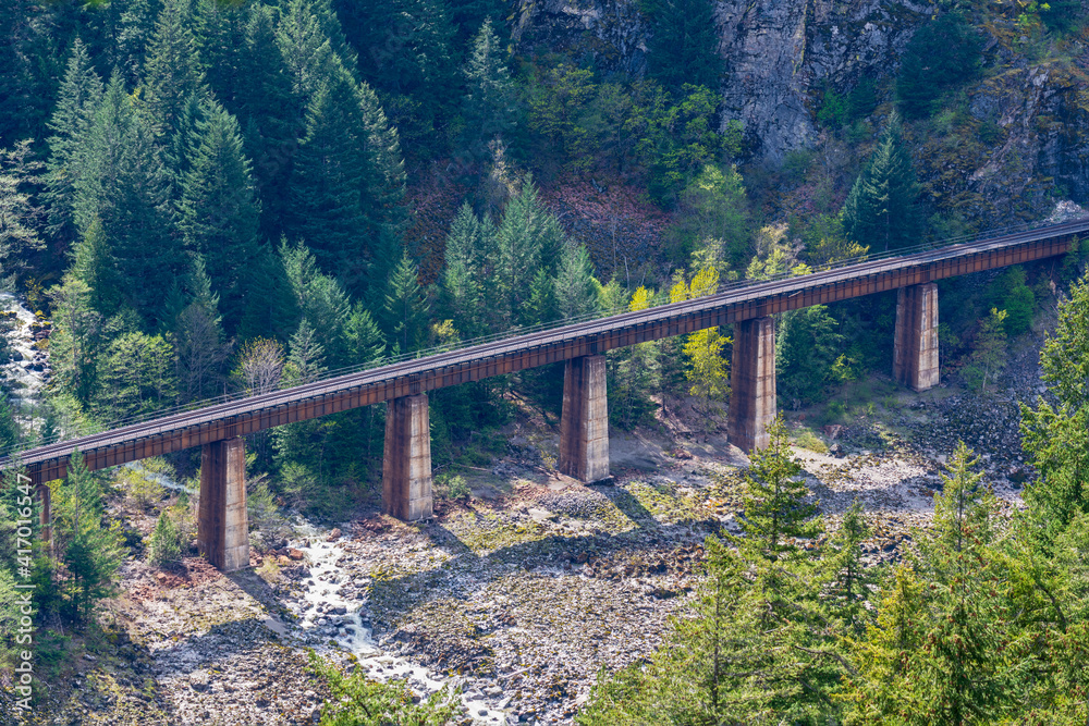 Aerial view of a railroad bridge in a forest in British Columbia, Canada