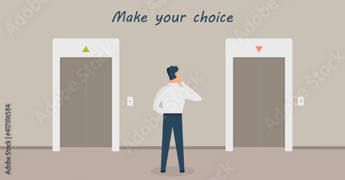 A man is standing in thought in front of two elevators and having choice:up or down. Concept of making decision or metaphor. Inscription Make your choice.Male in doubt.Vector flat design illustrations
