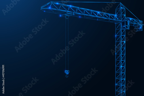 Tower crane. Metal structure. Polygonal design of concatenated lines and points. Blue background.