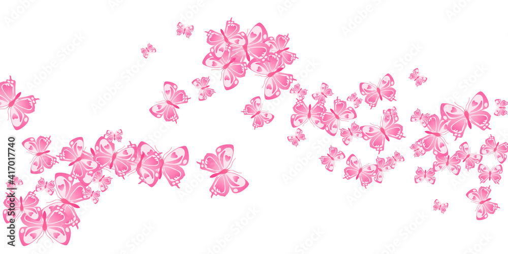 Magic pink butterflies abstract vector wallpaper. Spring little insects. Wild butterflies abstract fantasy background. Gentle wings moths patten. Garden creatures.