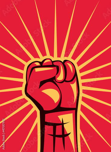 Revolution fist up on red banner vector design