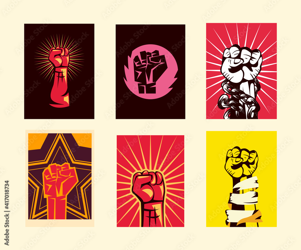 Fototapeta premium Revolution fists up banners set vector design