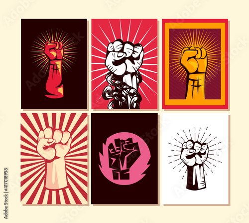 Revolution fists up banners icon collection vector design