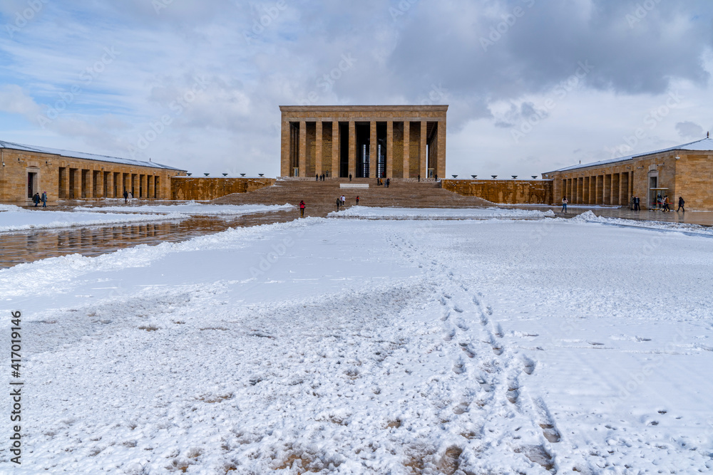 Ankara, Turkey - January 16 2021: Tourists visit Anitkabir (Ataturk's mausoleum) after snowing in winter time.