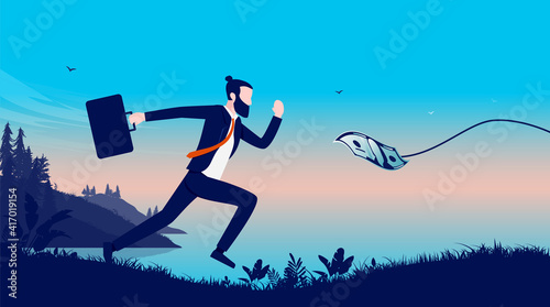 Chasing money - Businessman running after dollar bill in thread outdoors. Vector illustration