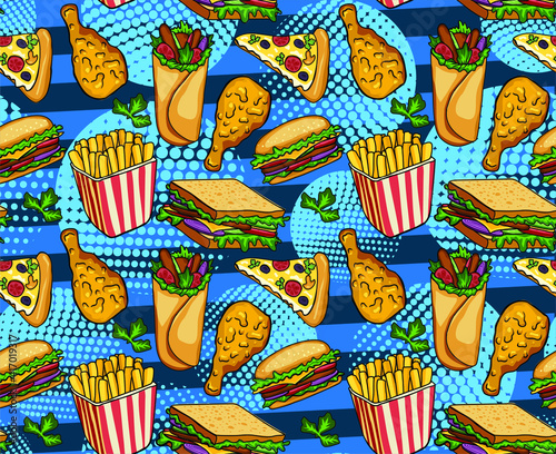 Fast food vector seamless pattern. Hamburger, hot dog, pizza, sandwich, meat, french fries, onions, tomatos. Pop art style