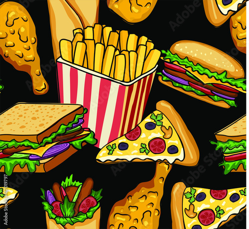 Fast food vector seamless pattern. Hamburger, hot dog, pizza, sandwich, meat, french fries, onions, tomatos. Pop art style