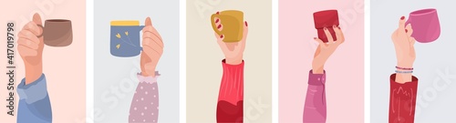 Flat cartoon set of Hands Holding Cups of coffee or tea. Holiday vector illustration for postcard, greeting card, party invitation. Funny Lovely Mug. Female and male hands.