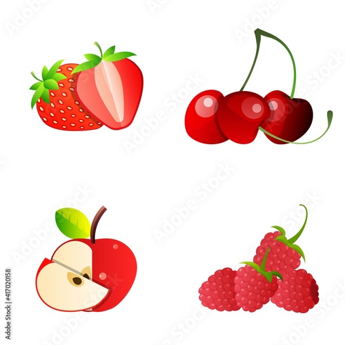 Strawberry, Cherry, Apple, Raspberry.Set of Whole and Slice Fruit For Menu, Advertising, Website