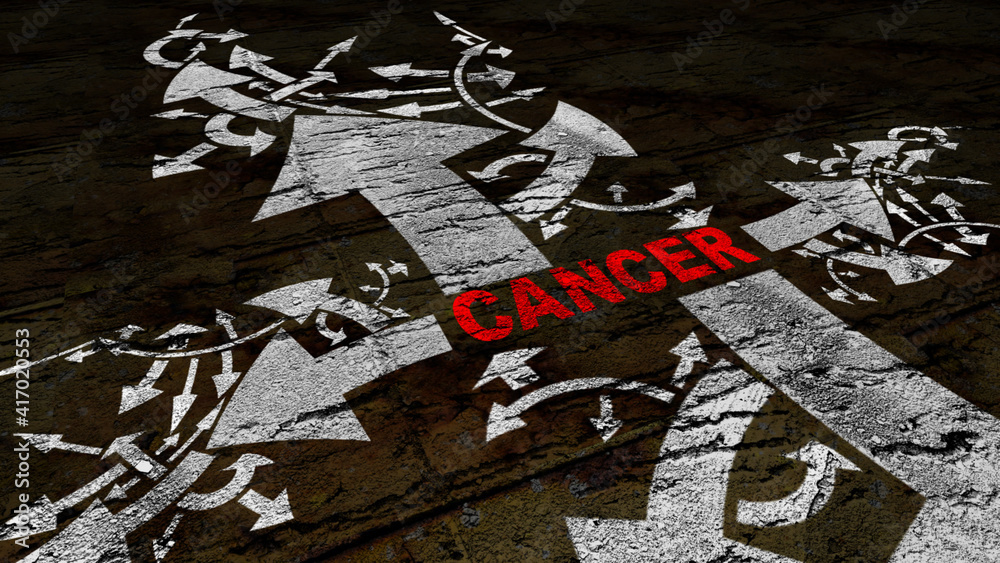 Fototapeta premium Cancer text on a crossroad in different ways of arrows on grunge background