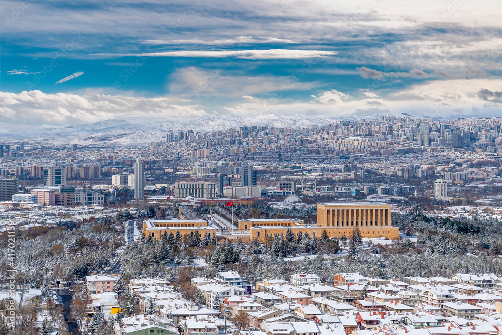 Panoramic Ankara view with Anitkabir in winter time.