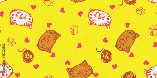 Cute cats seamless vector pattern on yellow. Good vibes animal themed surface print design for fabrics, stationery, scrapbook paper, gift wrap, textiles, backgrounds, and packaging.