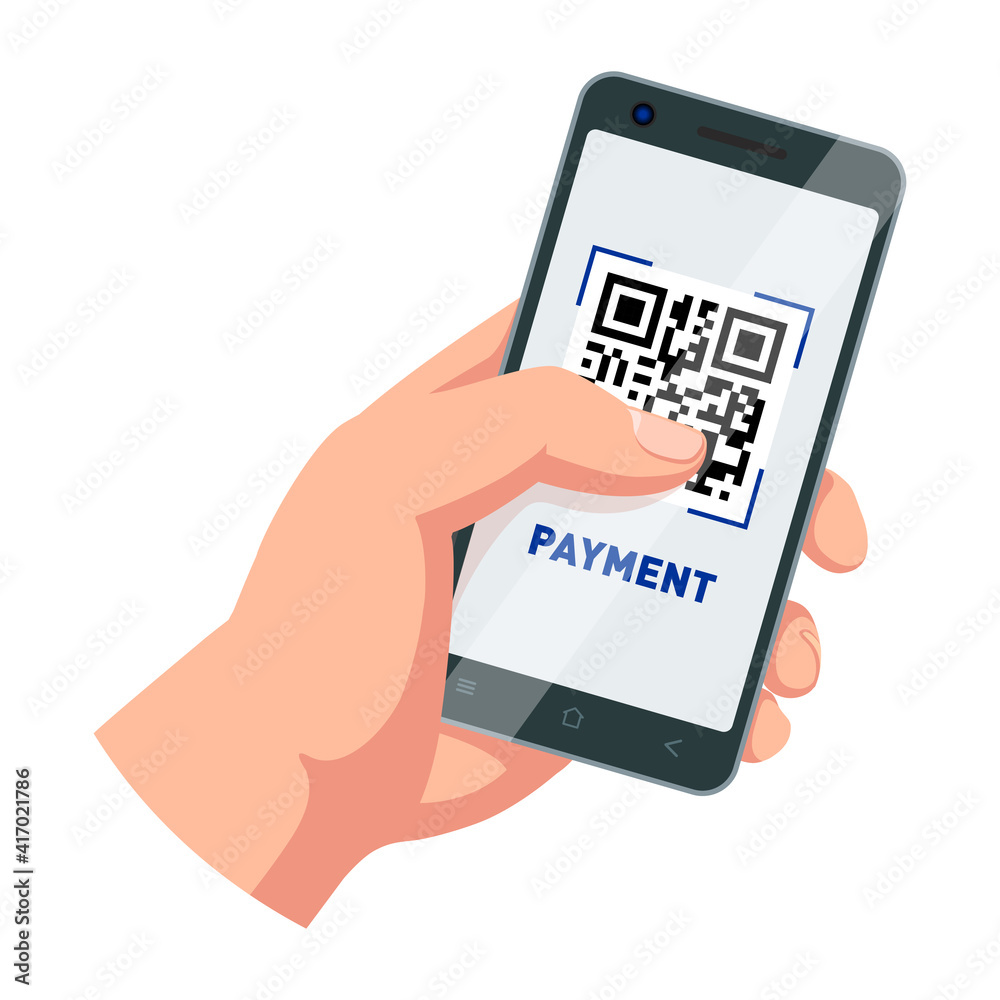 Payment QR code on screen. Hand holding smartphone. Mobile payment vector template on transparent background Payment QR code on screen. Hand holding smartphone. Mobile payment vector template on transparent background