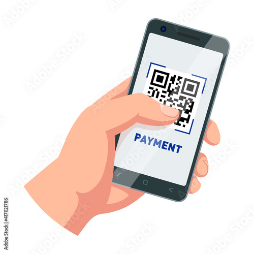 Payment QR code on screen. Hand holding smartphone. Mobile payment vector template on transparent background
