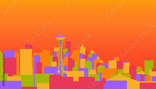 Illustration vector of the Seattle city skyline with orange, yellow, red palette colors of city skyscrapers, buildings and sky above. 